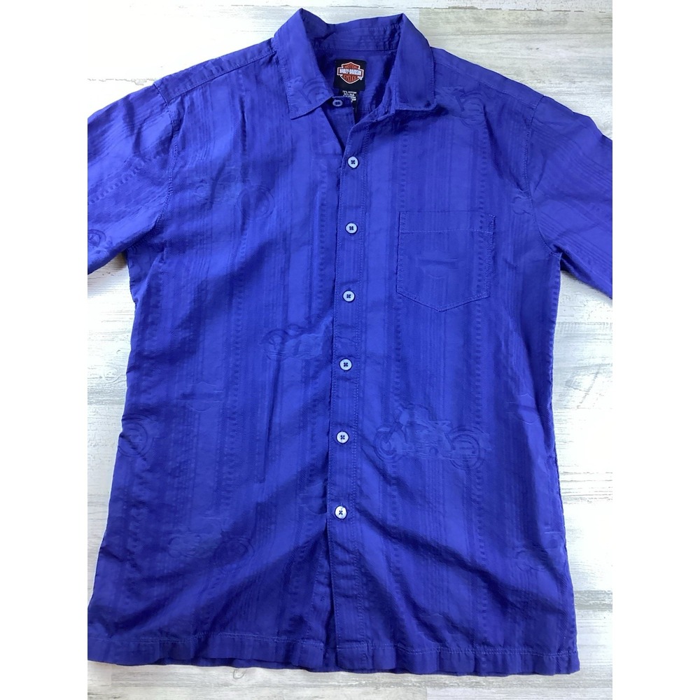 Harley Davidson Blue SS Mens Med Tone-on-Tone Motorcyle Graphics Button Up - Picture 2 of 12